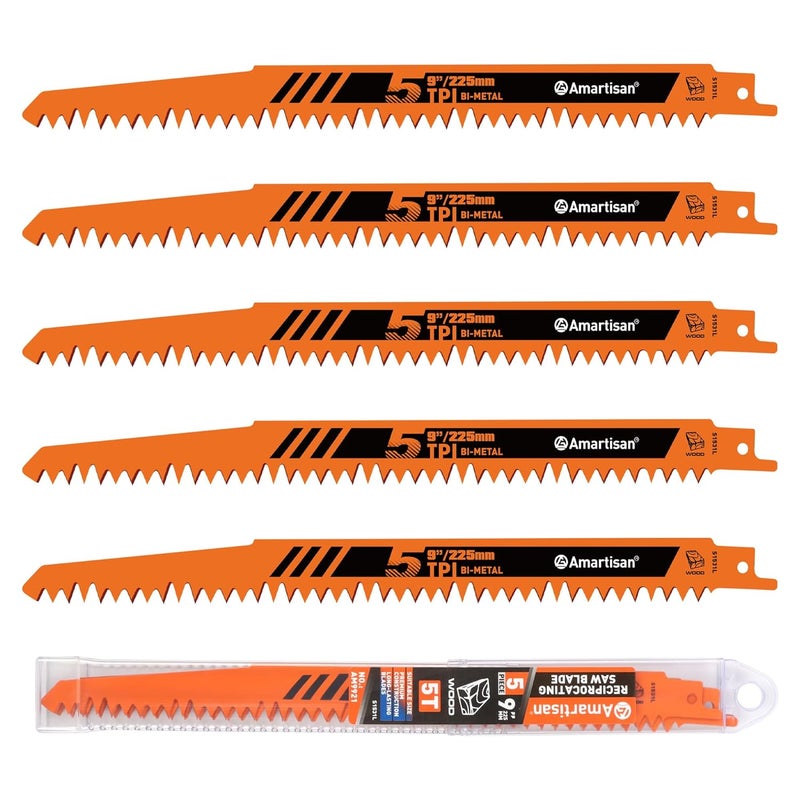 Amartisan 5-Piece 9 Inch 5TPI Durable High Carbon Steel Reciprocating Saw Blade for Wood Cutting and Tree Pruning - Image 1